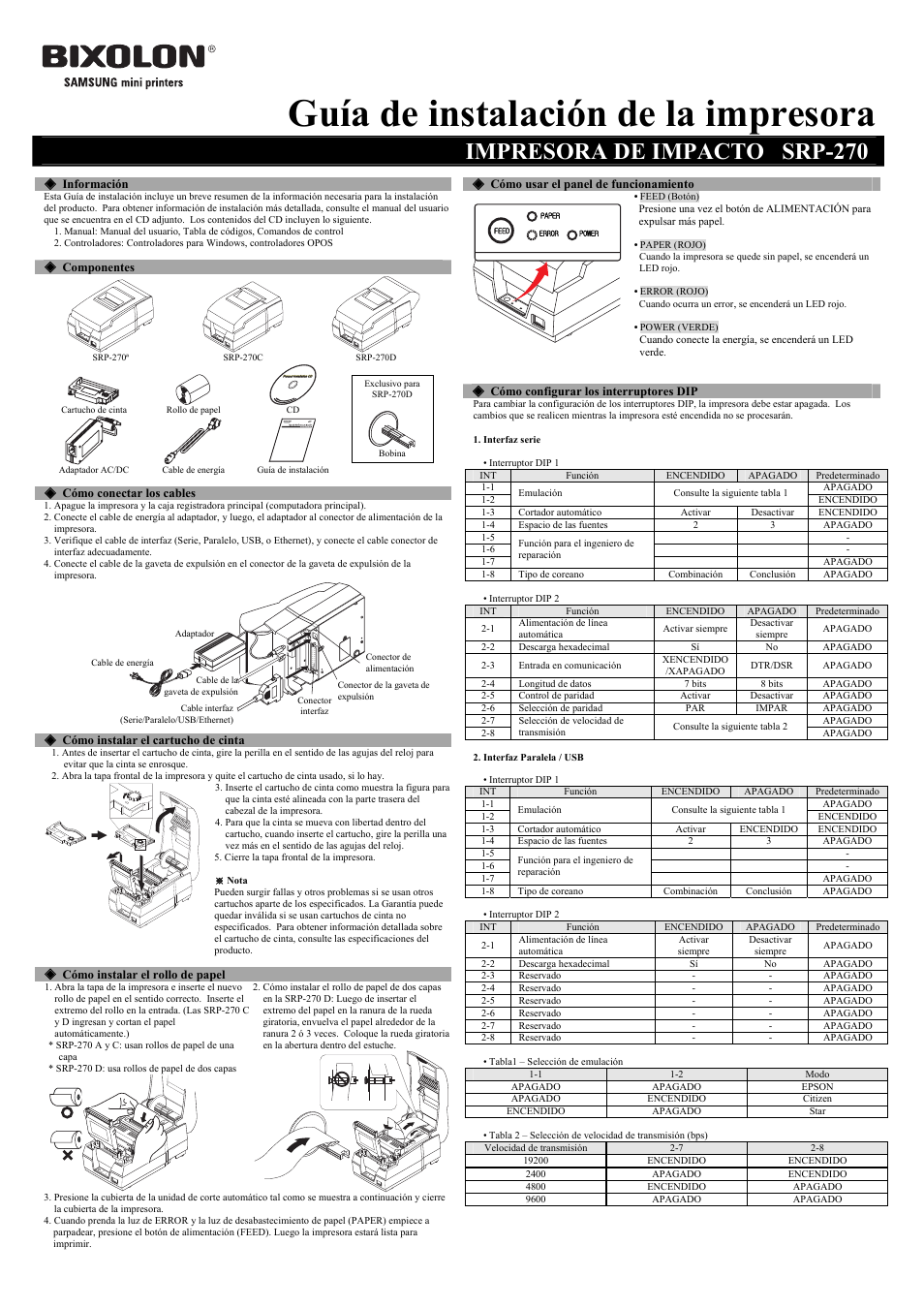 Guía de instalación de la impresora, Impresora de impacto srp-270 | Samsung  BIXOLON SRP-270 User Manual | Page 5 / 8