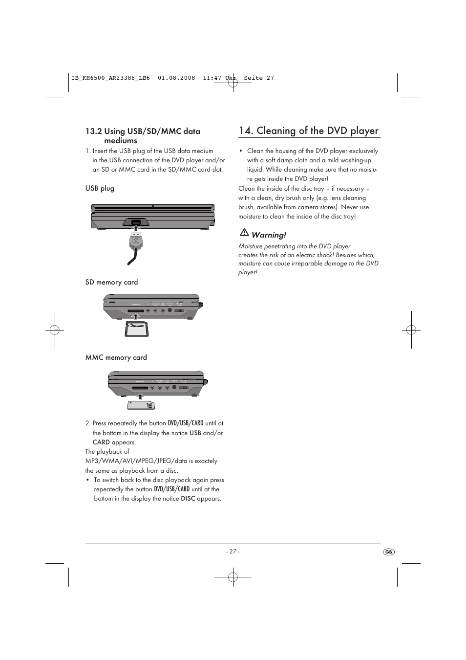 Cleaning of the dvd player | Silvercrest KH6500-06/08-V1 User Manual | Page  29 / 36 | Original mode
