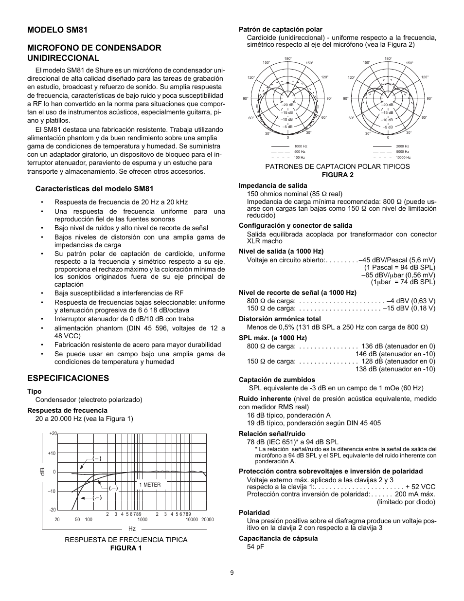 Especificaciones, Características del modelo sm81 | Shure SM81 User Manual  | Page 9 / 20
