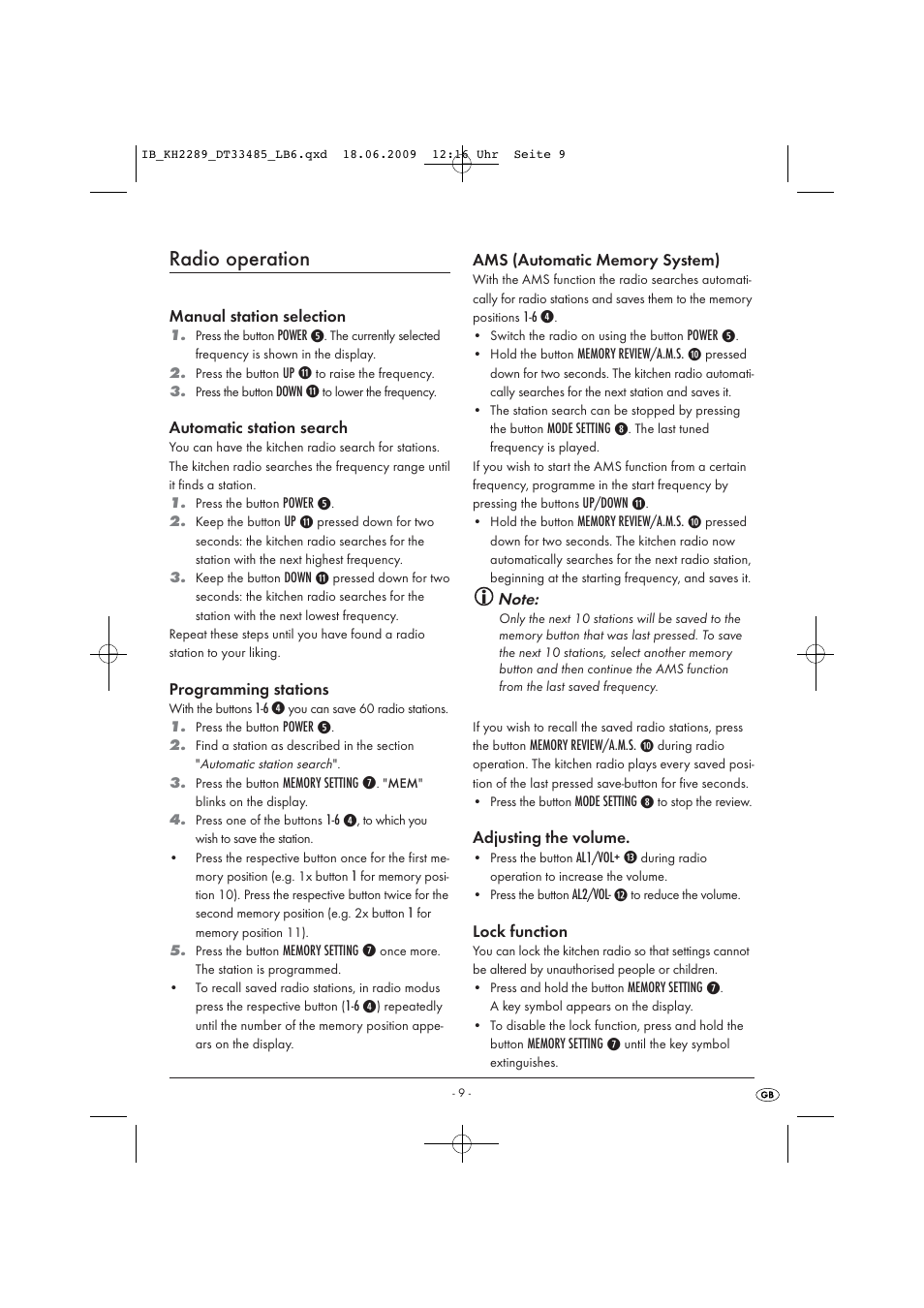 Radio operation | Silvercrest KH 2289 User Manual | Page 11 / 14