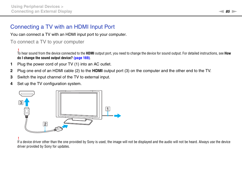 Connecting a tv with an hdmi input port | Sony VAIO VPCF13 User Manual |  Page 85 / 178