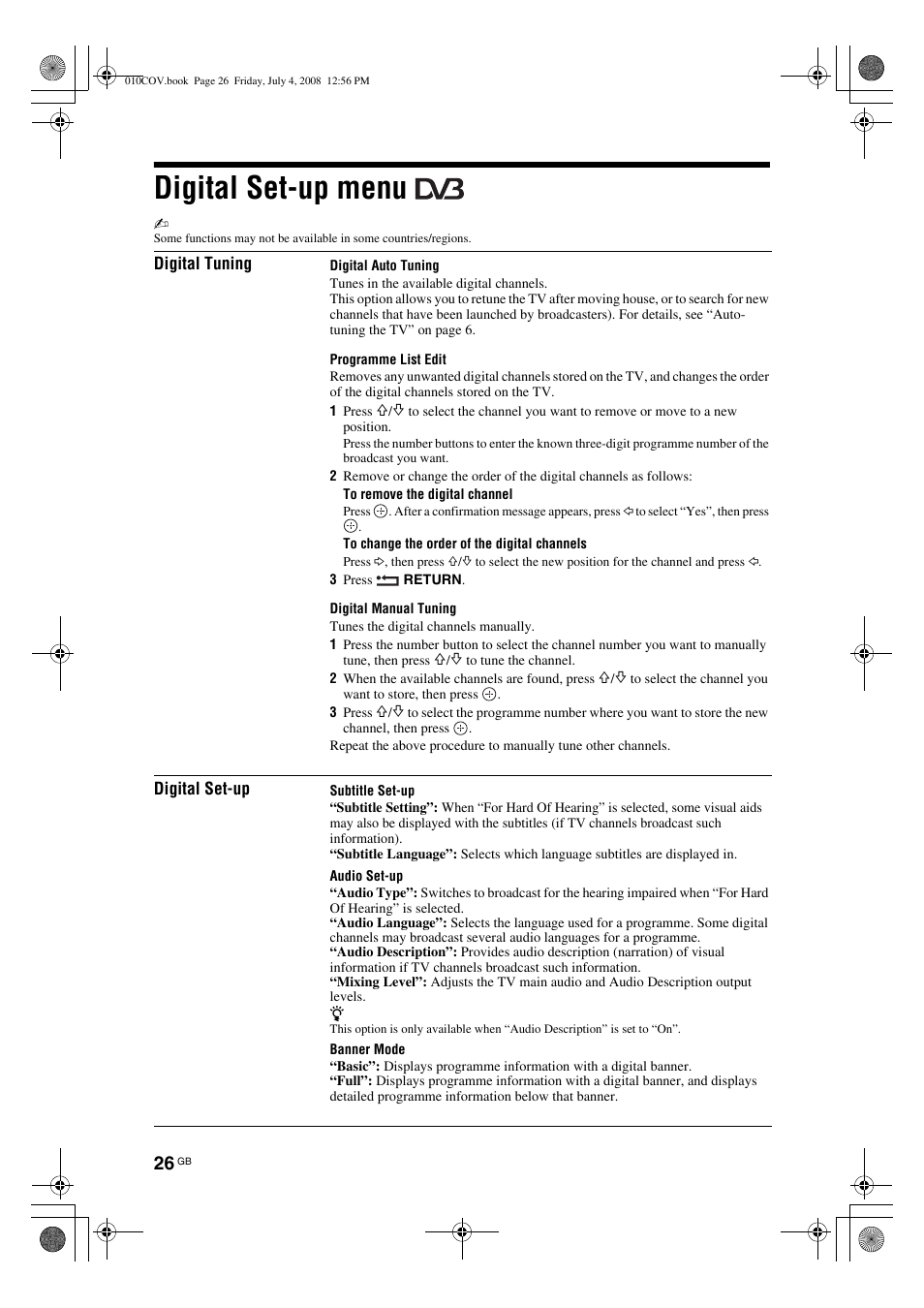 Digital set-up menu | Sony BRAVIA KDL-26V42xx User Manual | Page 26 / 31 |  Original mode