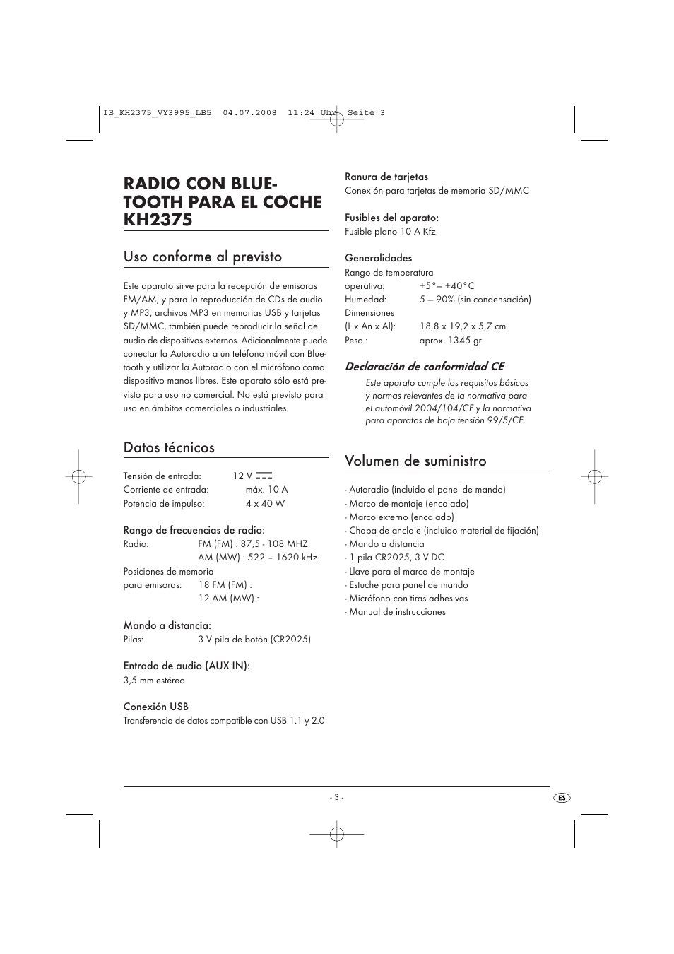 Radio con blue- tooth para el coche kh2375, Uso conforme al previsto, Datos  técnicos | Silvercrest KH 2375 User Manual | Page 5 / 74 | Original mode