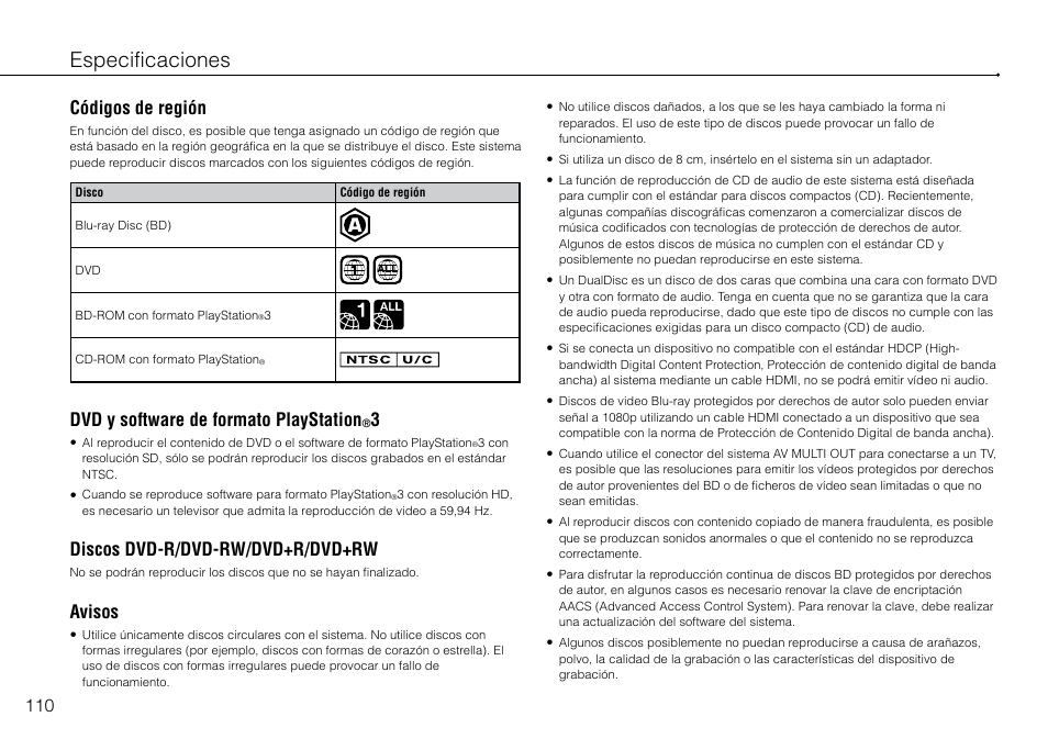 Especificaciones, Códigos de región, Dvd y software de formato playstation  | Sony 320 GB Playstation 3 CECH-2501B User Manual | Page 110 / 120 |  Original mode