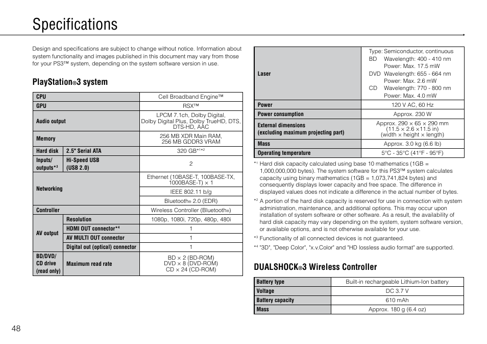 Specifications, Playstation, 3 system | Sony 320 GB Playstation 3  CECH-2501B User Manual | Page 48 / 120 | Original mode