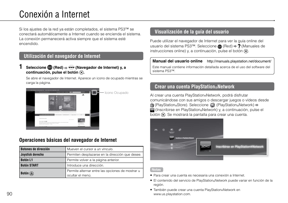 Conexión.a.internet, Utilización.del.navegador.de.internet,  Visualización.de.la.guía.del.usuario | Sony 320 GB Playstation 3 CECH-2501B  User Manual | Page 90 / 120 | Original mode