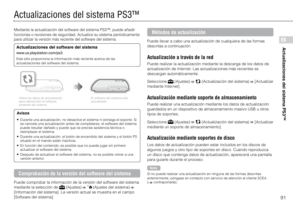 eenheid Alert Kritisch Actualizaciones.del.sistema.ps3, Actualizaciones del sistema ps3, 91 es |  Sony 320 GB Playstation 3 CECH-2501B User Manual | Page 91 / 120 | Original  mode