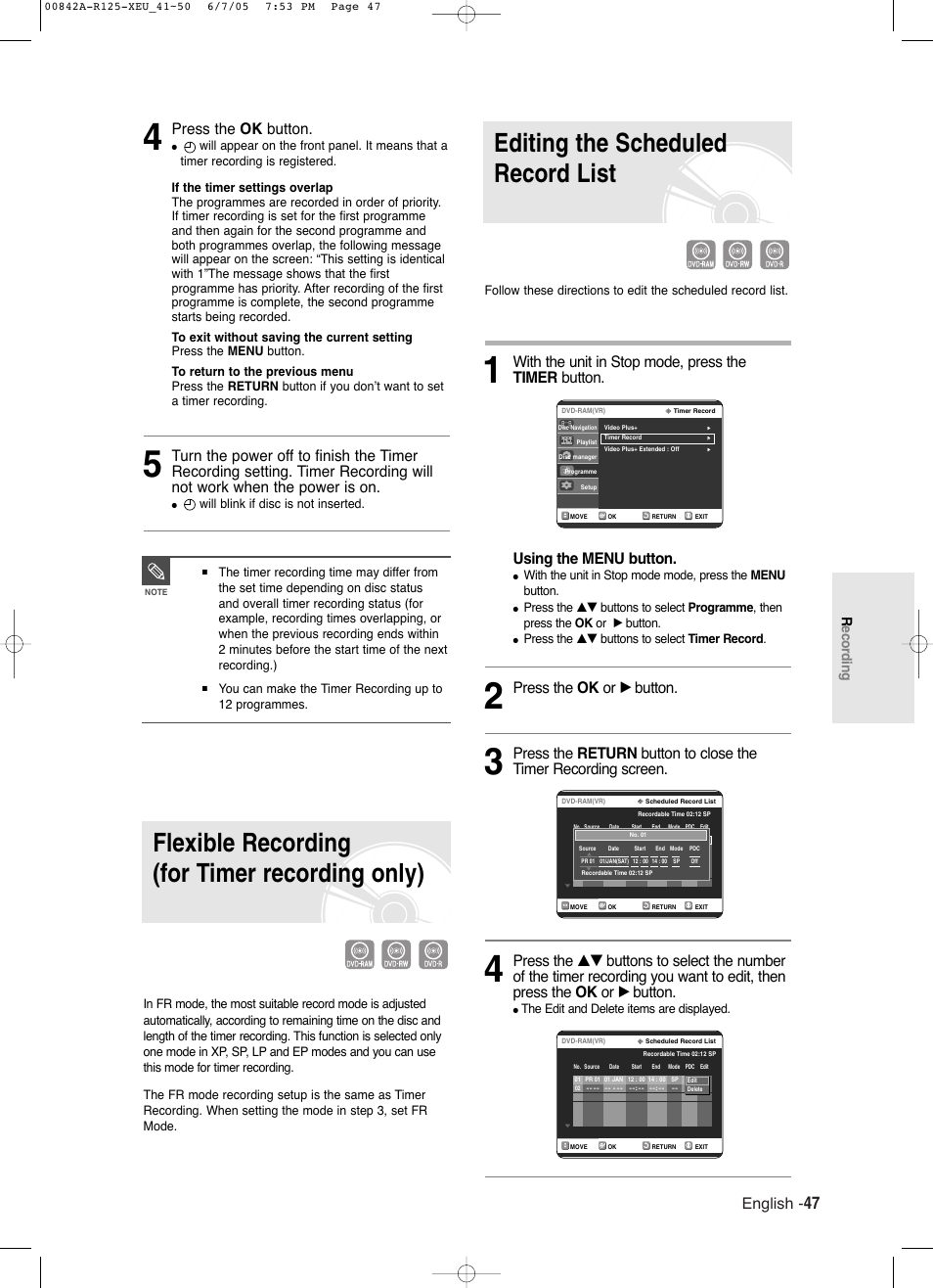 Flexible recording (for timer recording only), Editing the scheduled record  list, English | Samsung DVD-R125 User Manual | Page 47 / 93 | Original mode