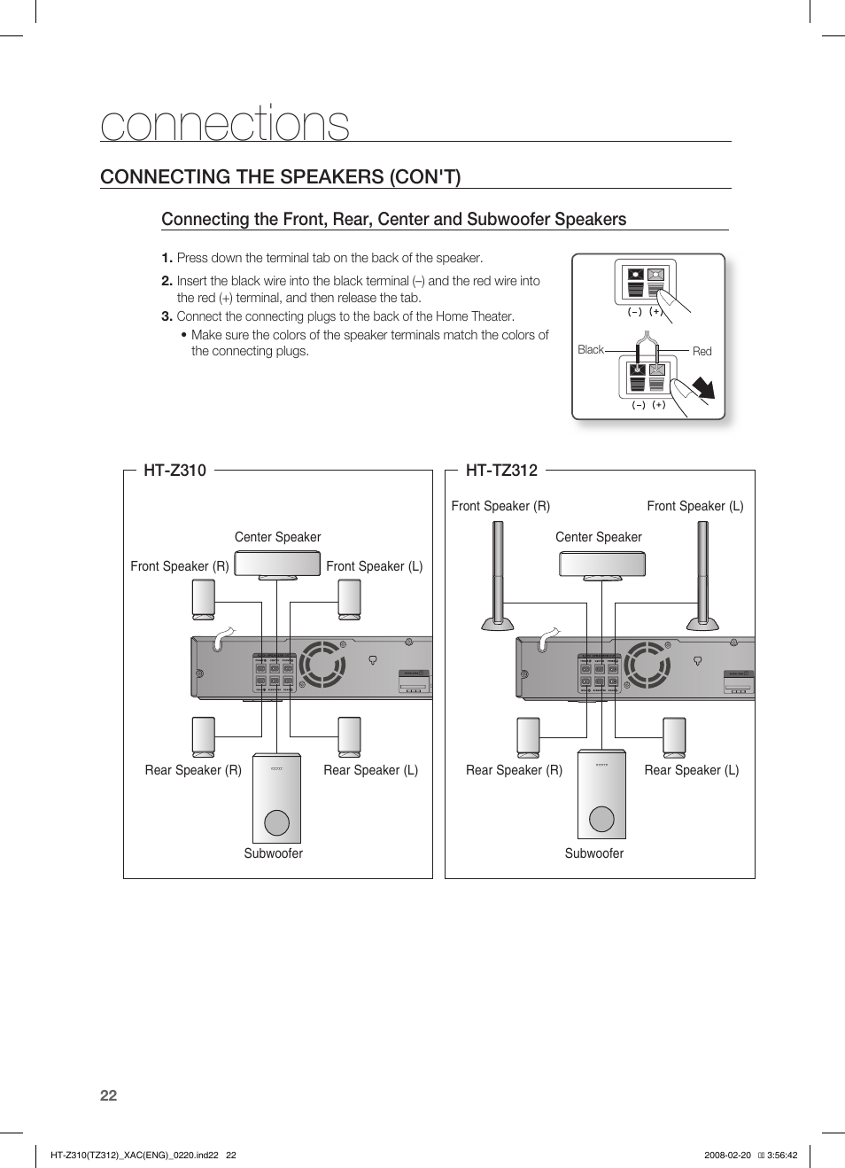 Connections, Connecting the speakers (con't) | Samsung HT-Z310 User Manual  | Page 23 / 72