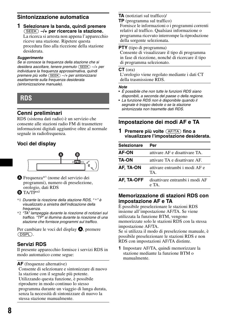 Sintonizzazione automatica, Cenni preliminari, Impostazione dei modi af e ta  | Sony CDX-GT23 User Manual | Page 56 / 84 | Original mode