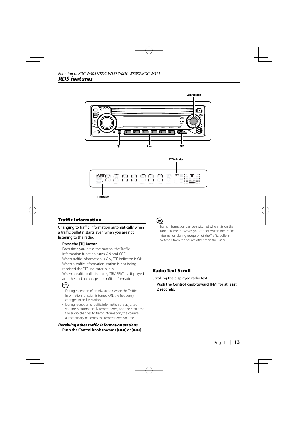 Rds features | Kenwood KDC-W4037 User Manual | Page 13 / | Original mode