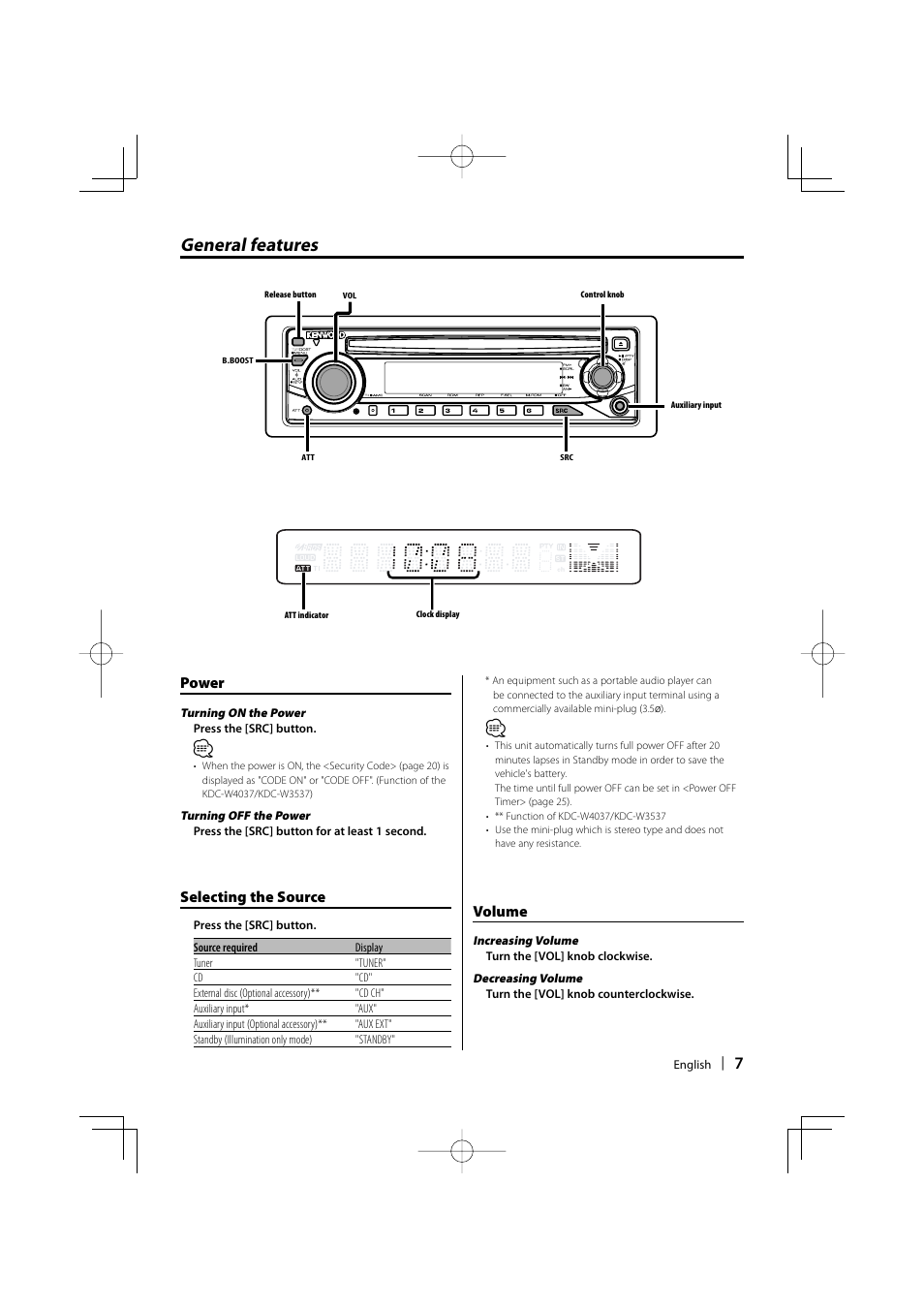 General features, Power, Selecting the source | Kenwood KDC-W4037 User  Manual | Page 7 / 36 | Original mode