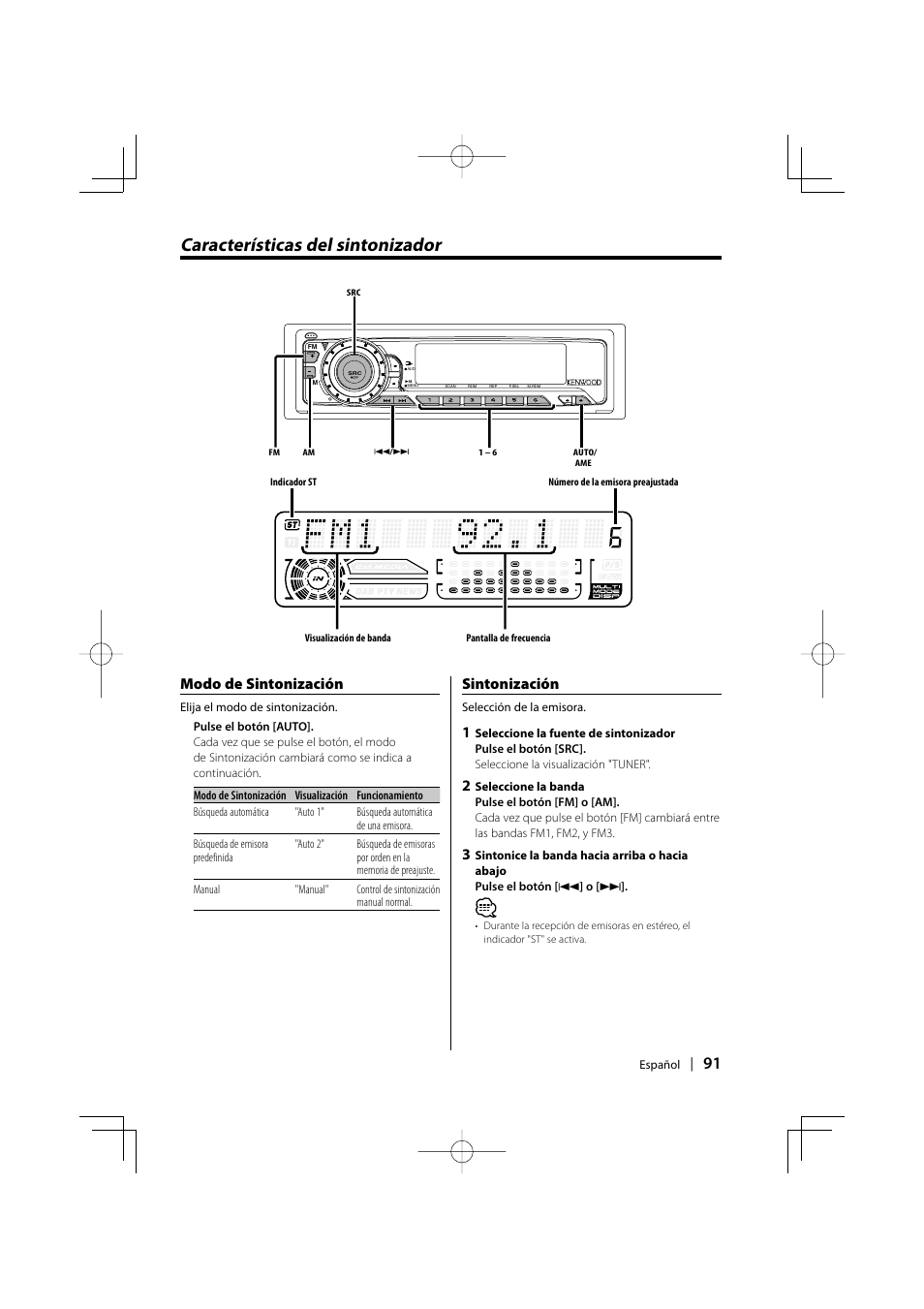 Caracteristicas del sintonizador, Características del sintonizador, Modo de  sintonización | Kenwood KDC-MPV5025 User Manual | Page 91 / 116 | Original  mode