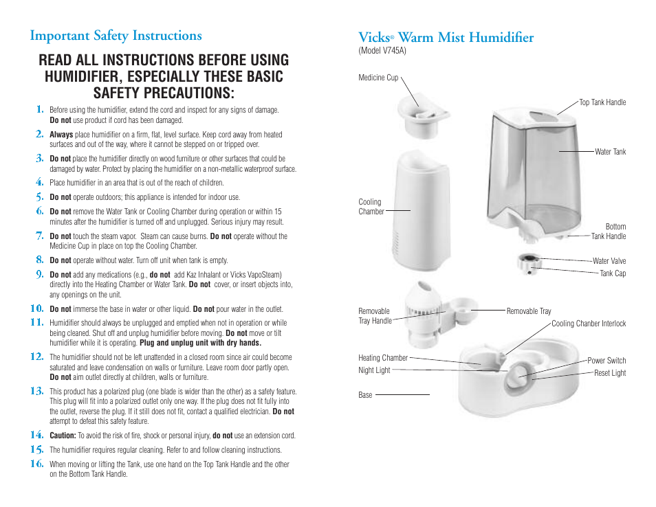 Vicks, Warm mist humidifier | Kaz Vicks Warm Mist Humidifier V745A User  Manual | Page 2 / 5 | Original mode