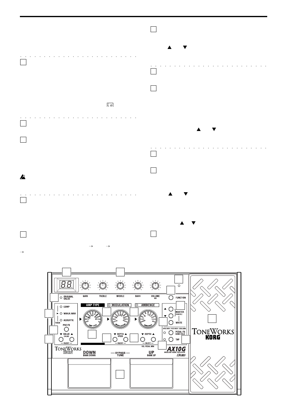Parts and what they do, Front panel | KORG TONEWORKS AX10G User Manual |  Page 6 / 40 | Original mode