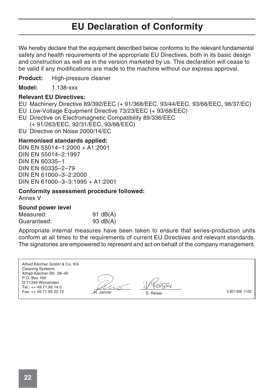 Eu declaration of conformity | Karcher K 6.50 MB User Manual | Page 22 / 24