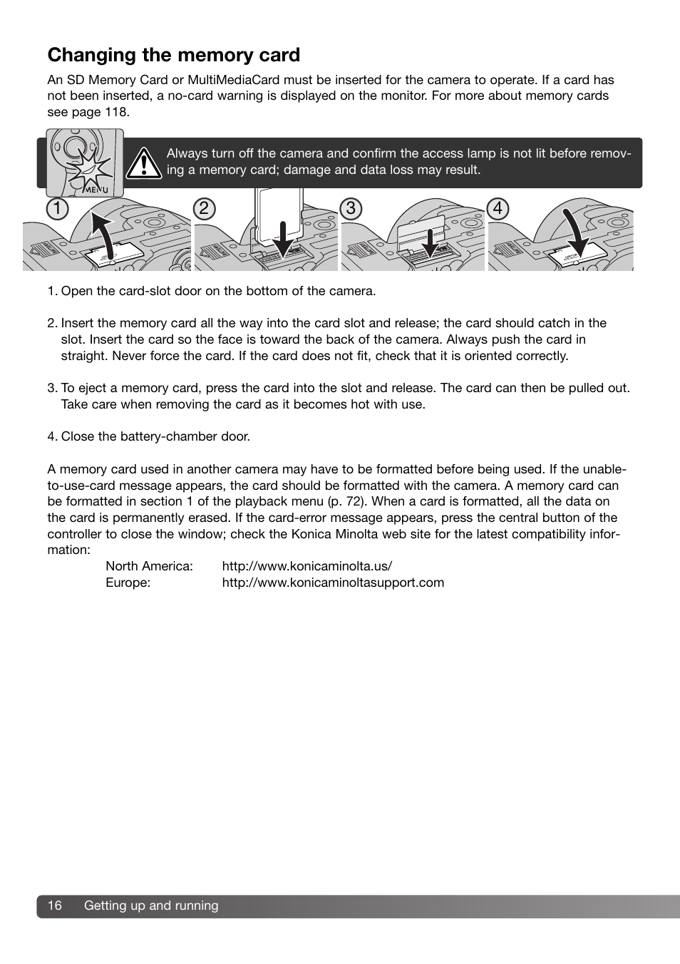 Changing the memory card | Konica Minolta DiMAGE Z3 User Manual | Page 16 /  124