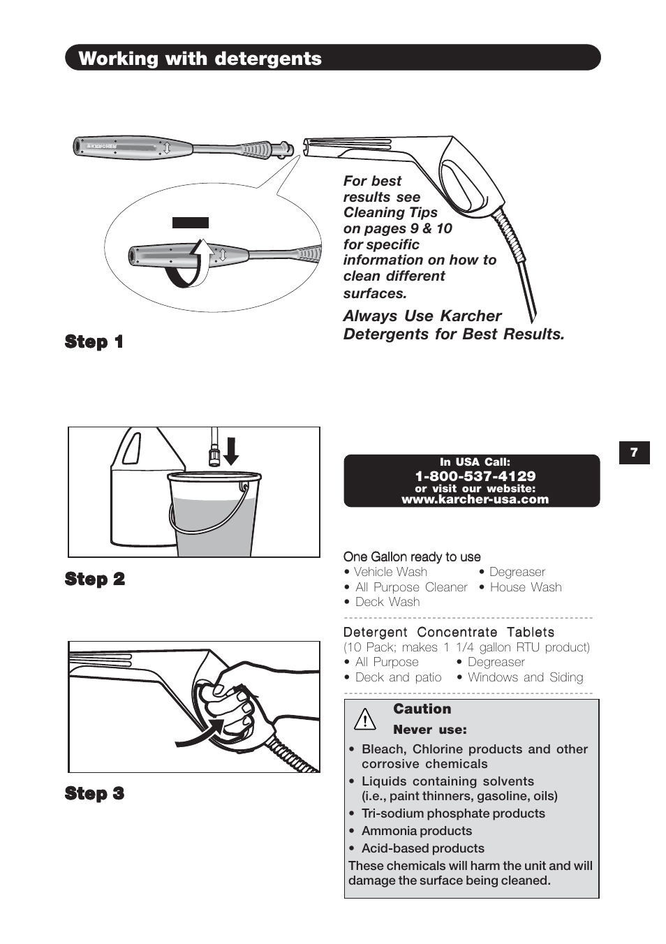 Working with detergents, Step 1, Step 2 | Karcher K 3.99 M User Manual |  Page 7 / 12