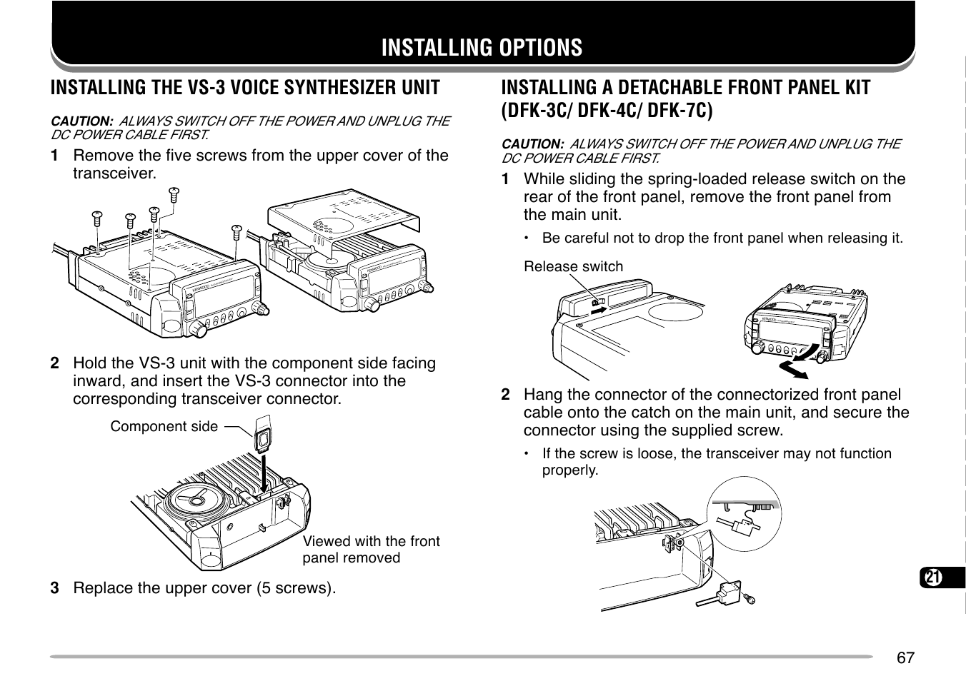 Installing options, Installing the vs-3 voice synthesizer unit | Kenwood  TM-G707 User Manual | Page 73 / 84