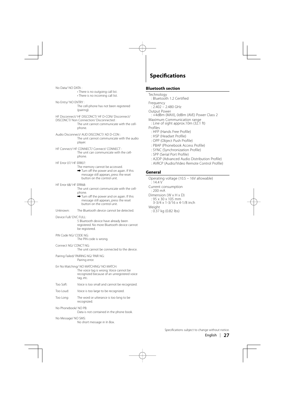 Specifi cations | Kenwood KCA-BT200 User Manual | Page 27 / 80 | Original  mode