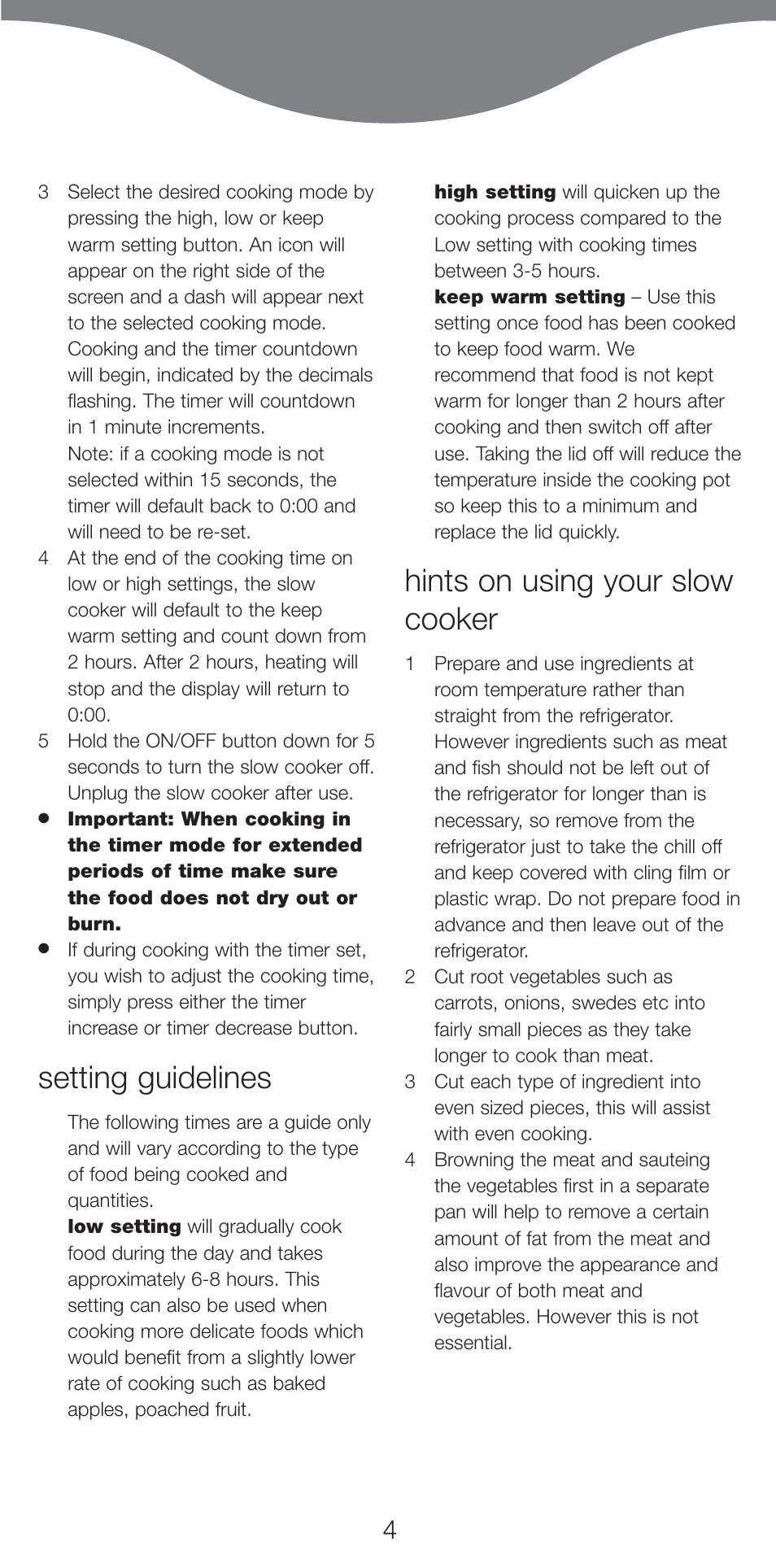 Setting guidelines, Hints on using your slow cooker | Kenwood CP707 User  Manual | Page 4 / 141