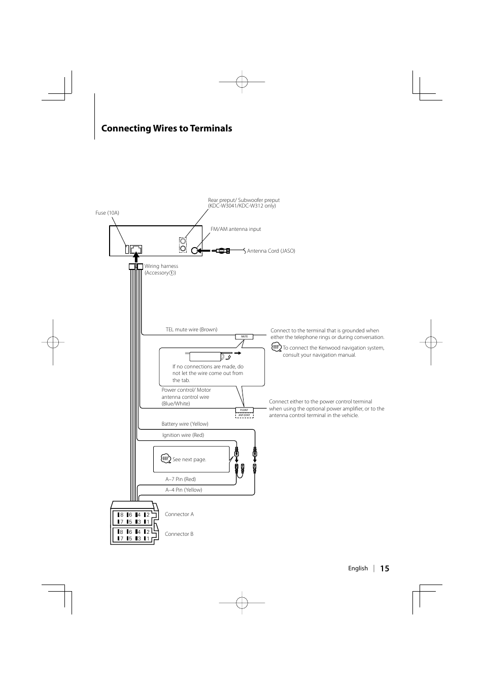 Connecting wires to terminals | Kenwood KDC-W241 EN User Manual | Page 15 /  20