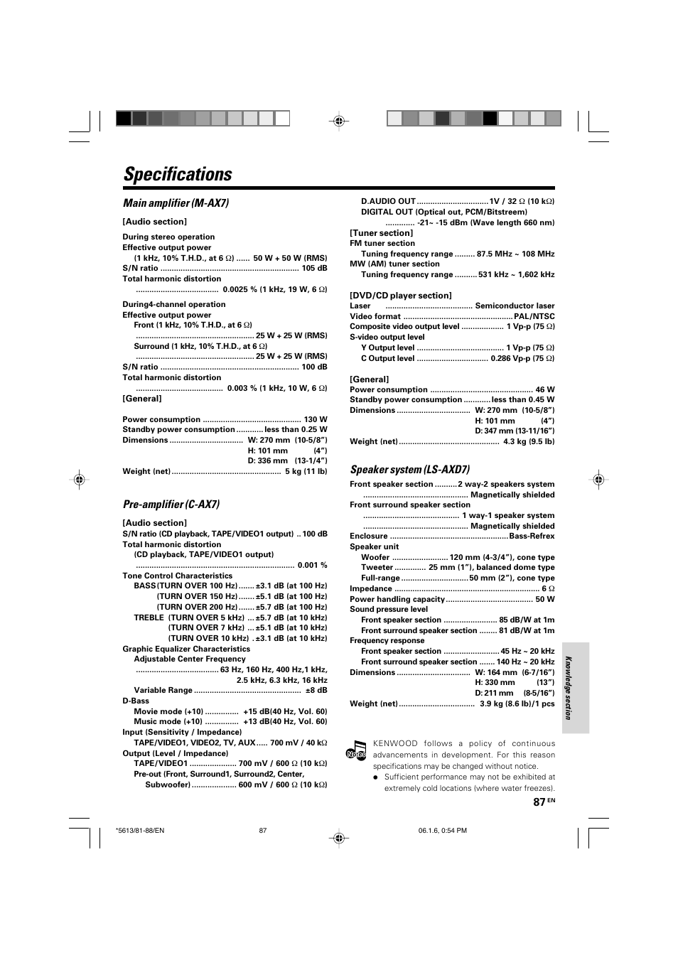 Specifications, Main amplifier (m-ax7), Pre-amplifier (c-ax7) | Kenwood AX-7  User Manual | Page 87 / 88 | Original mode