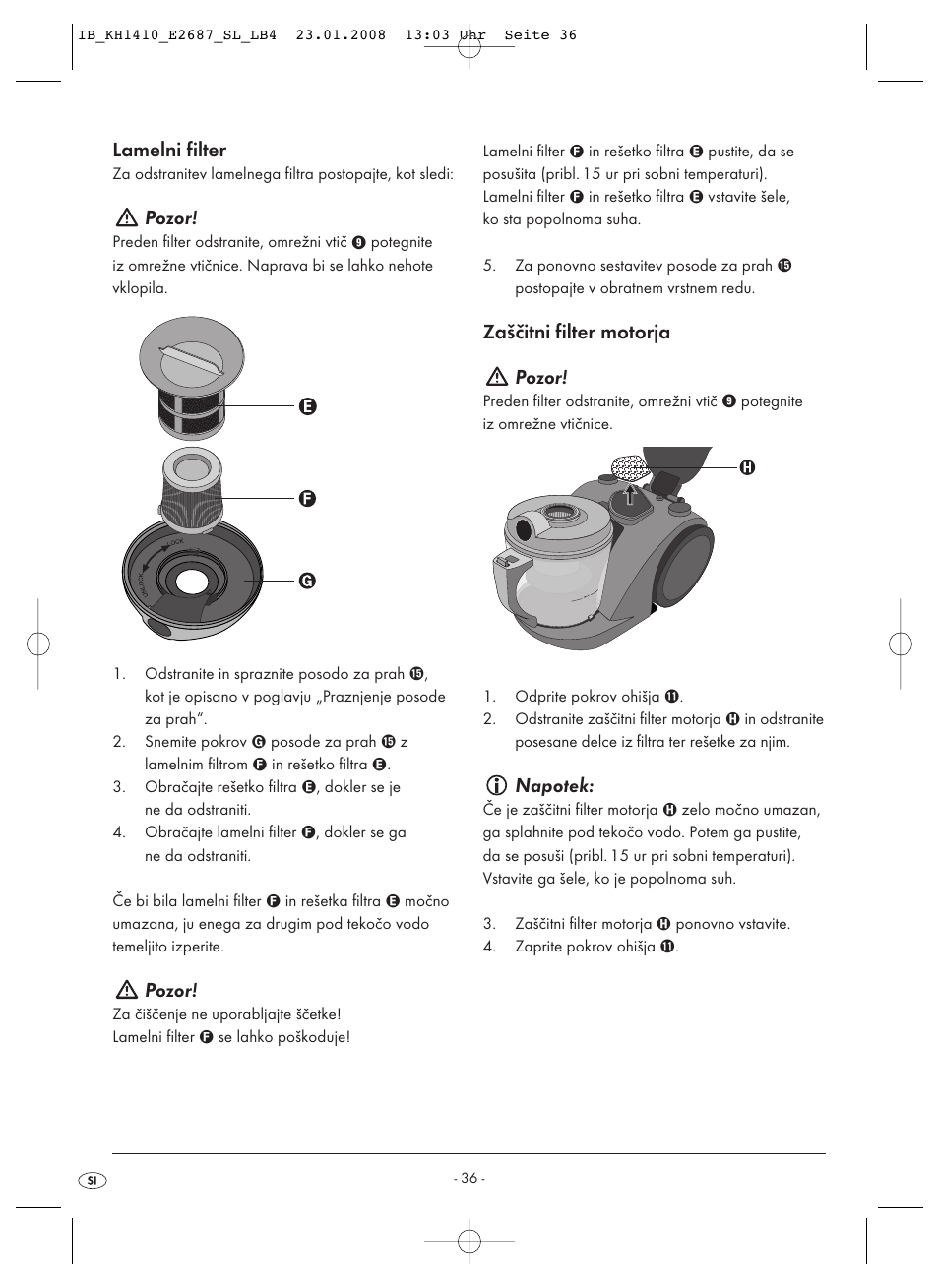 Lamelni filter, Pozor, Zaščitni filter motorja pozor | Kompernass KH 1410  User Manual | Page 38 / 82