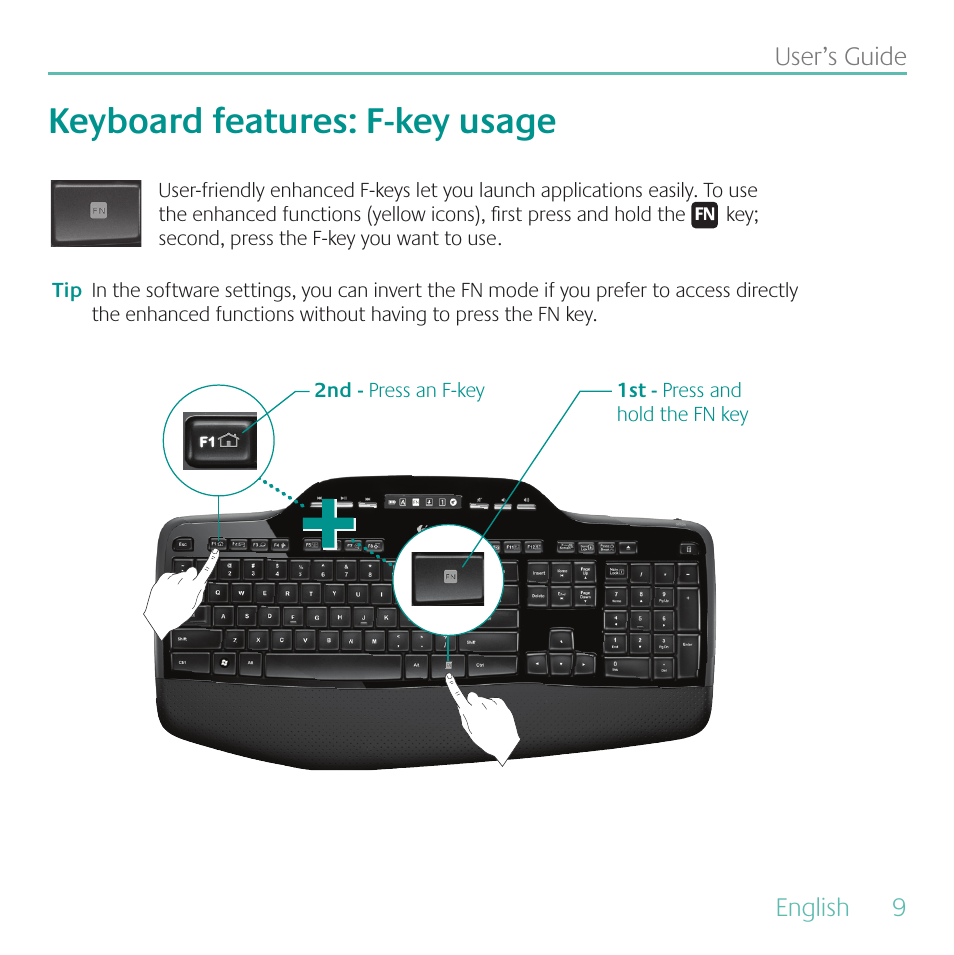 Keyboard features: f-key usage | Logitech MK700 User Manual | Page 9 / 60