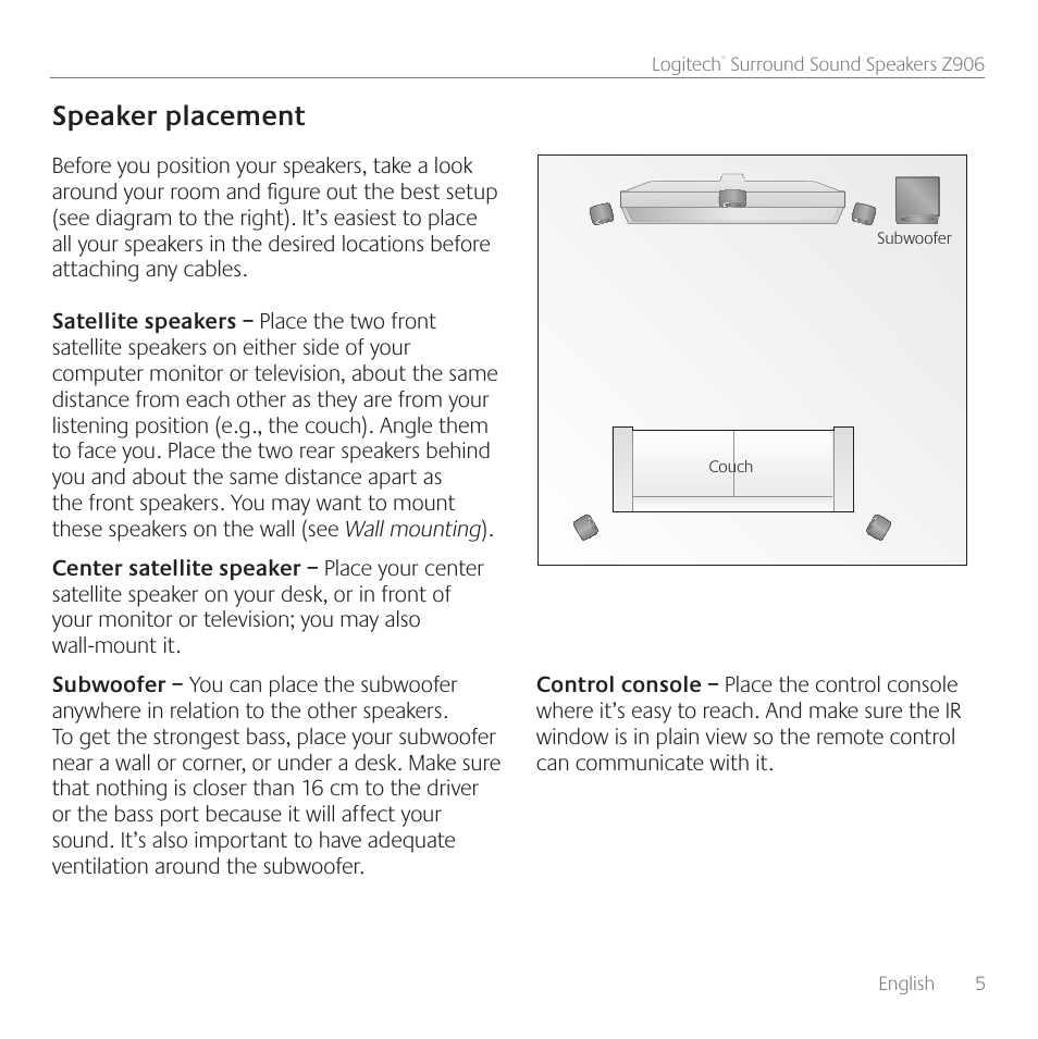 Speaker placement | Logitech Surround Sound Speakers Z906 User Manual |  Page 5 / 52 | Original mode