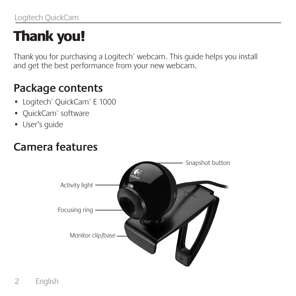 Package contents, Camera features | Logitech QuickCam E1000 User Manual |  Page 2 / 12