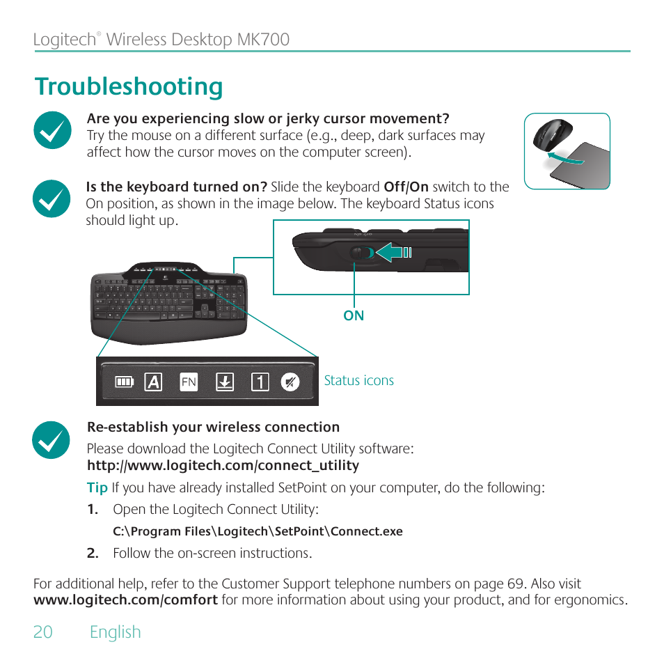 Troubleshooting, 20 english logitech, Wireless desktop mk700 | Logitech  MK700 User Manual | Page 20 / 72