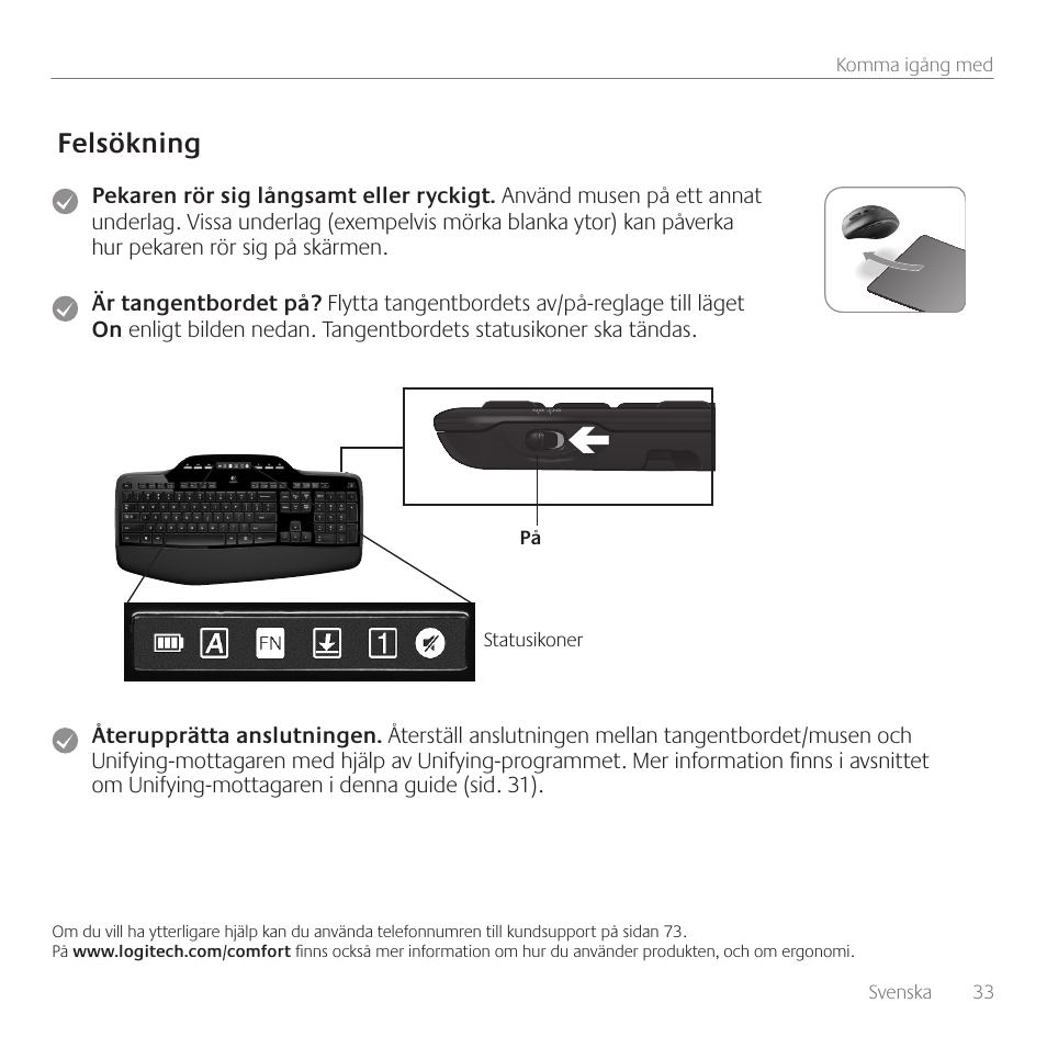 Felsökning | Logitech Wireless Desktop MK710 User Manual | Page 33 / 76