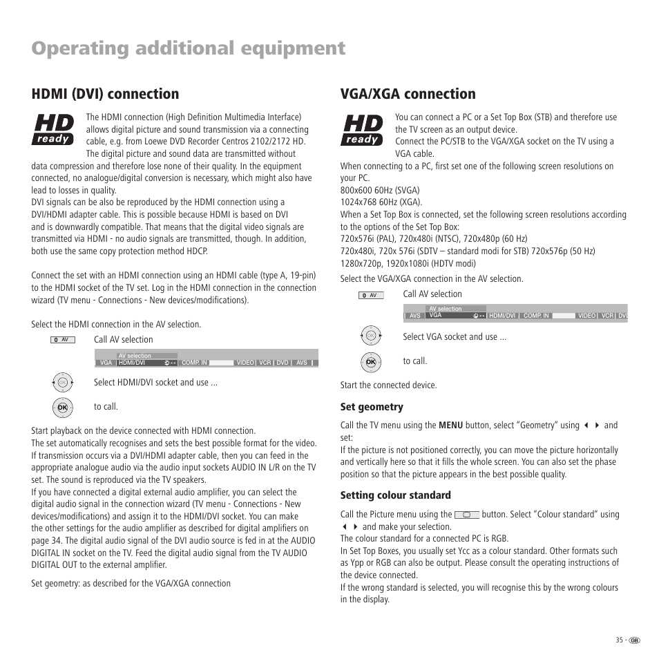 Operating additional equipment, Hdmi (dvi) connection, Vga/xga connection | Loewe  TV 23332507.020 User Manual | Page 35 / 50