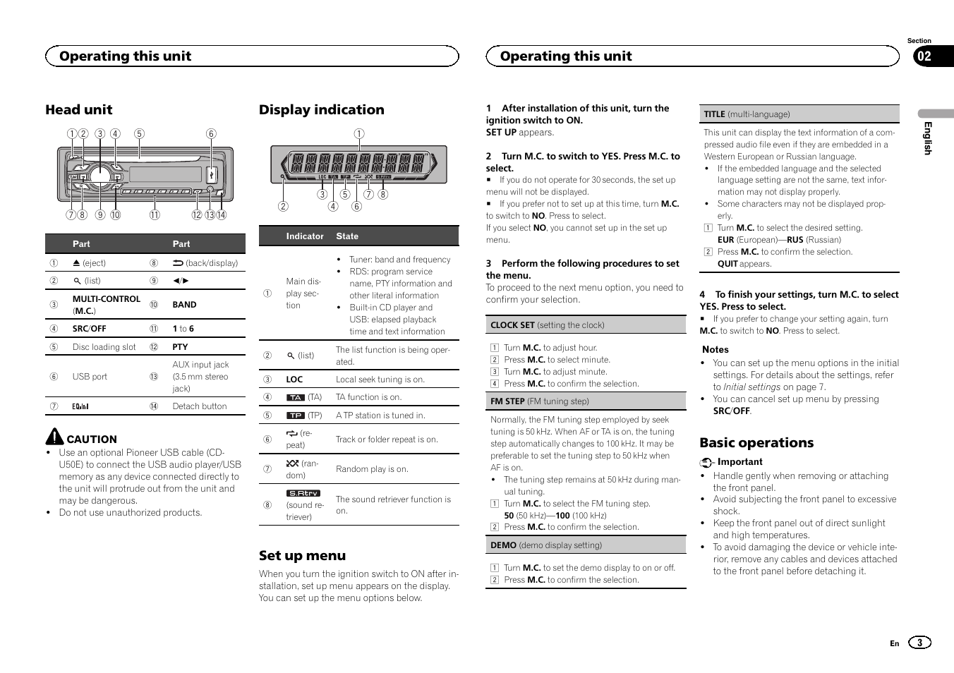 Head unit, Display indication, Set up menu | Pioneer DEH-1400UB User Manual  | Page 3 / 108