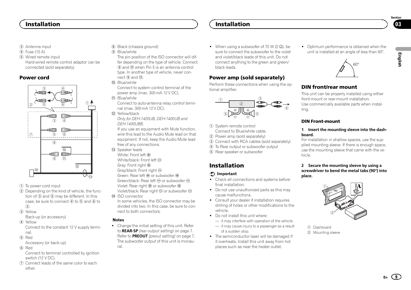 Installation | Pioneer DEH-1400UB User Manual | Page 9 / 108