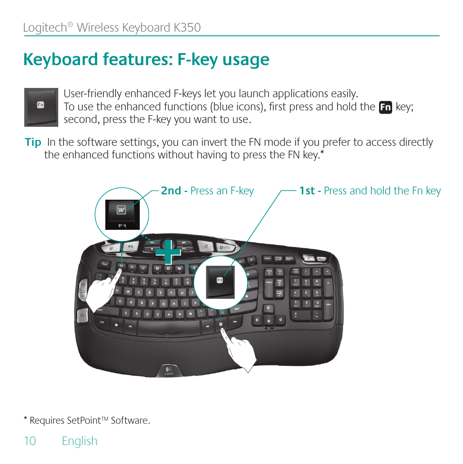 Keyboard features: f-key usage | Logitech K350 User Manual | Page 10 / 40