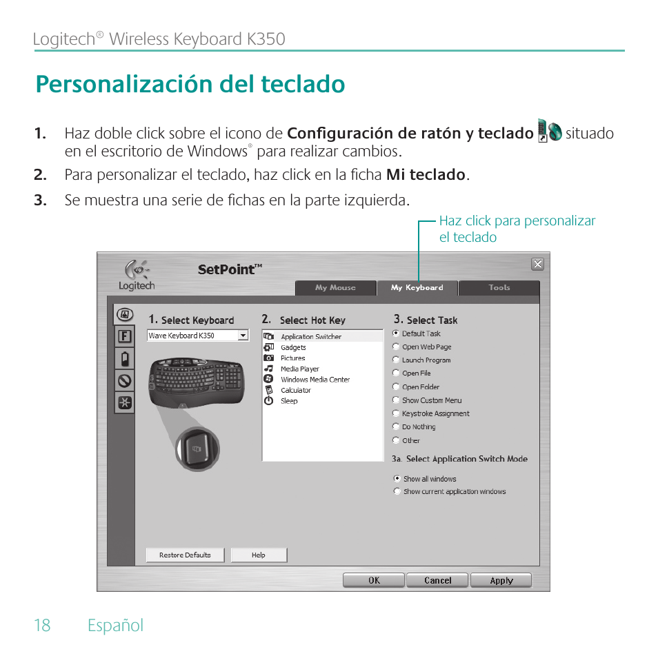 Personalización del teclado | Logitech K350 User Manual | Page 18 / 40