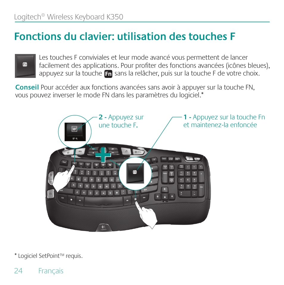 Fonctions du clavier: utilisation des touches f | Logitech K350 User Manual  | Page 24 / 40