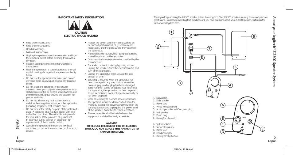 Sa fe ty 1, Ae 6 7 b c d 8 | Logitech SpeakerSystem Z-2300 User Manual |  Page 2 / 9 | Original mode