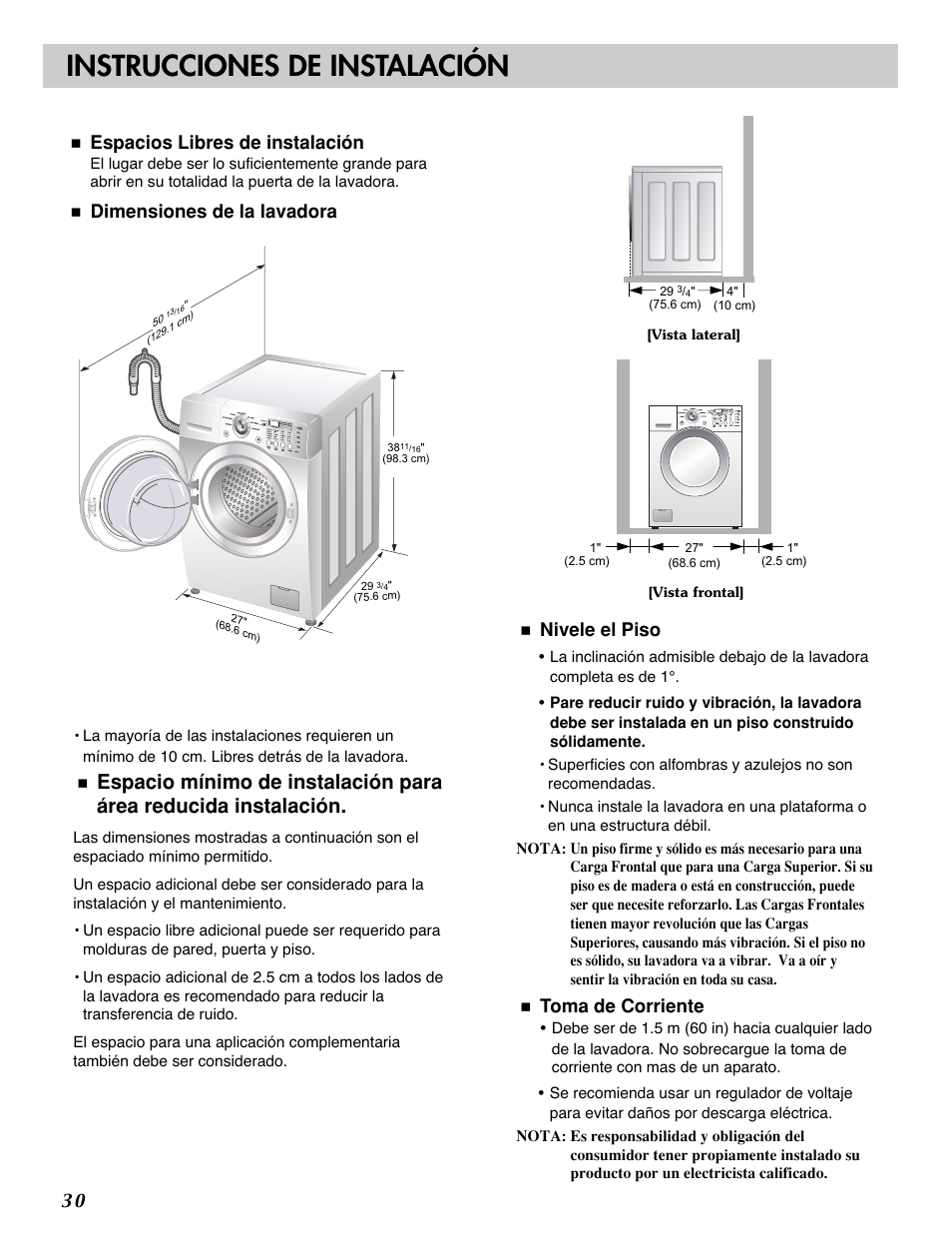 Instrucciones de instalación, Espacios libres de instalación, Dimensiones  de la lavadora | LG WM2277H series User Manual | Page 33 / 50 | Original  mode