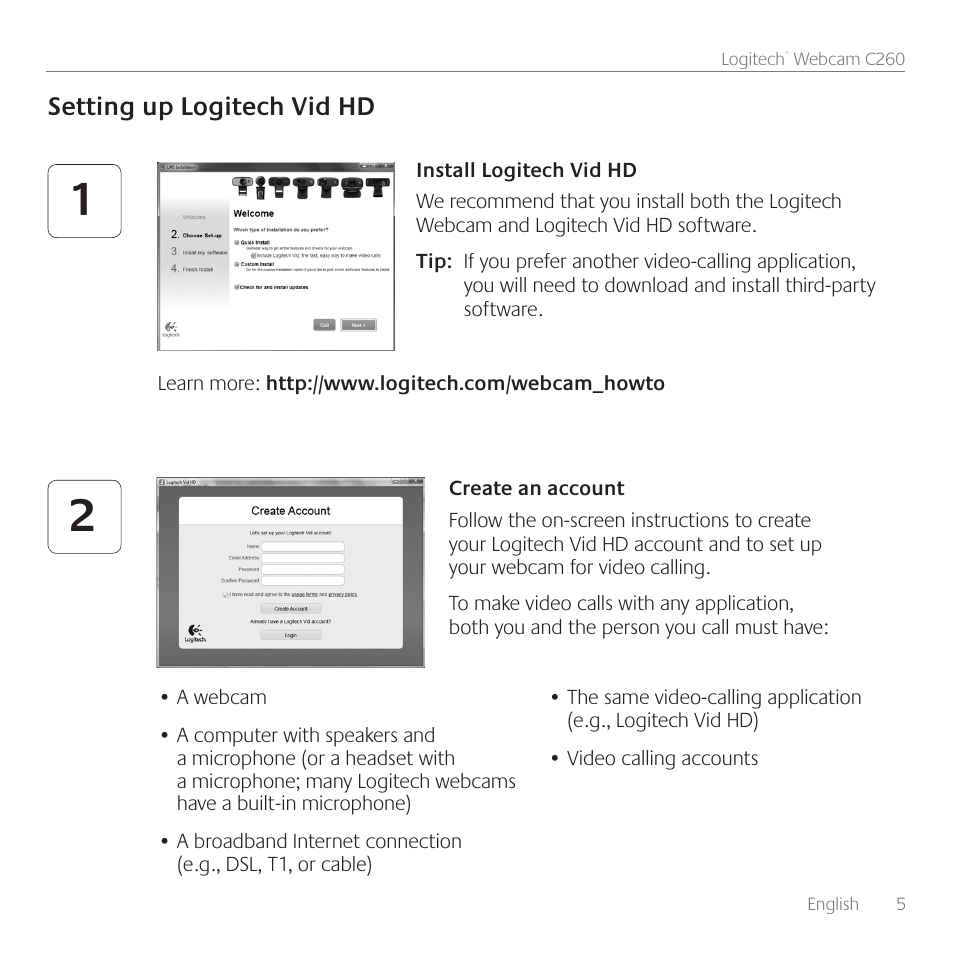 Setting up logitech vid hd | Logitech WEBCAM C260 User Manual | Page 5 / 12