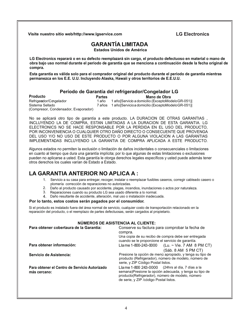 Garantía limitada, La garantia anterior no aplica a, Lg electronics | LG  LRT 1933 User Manual | Page 4 / 33