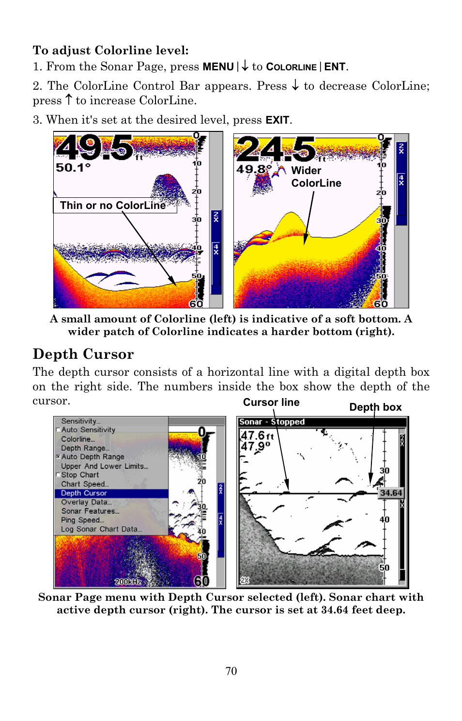 Depth cursor | Lowrance electronic Lowrance Fish-finding Sonar & Mapping  GPS LMS-520C User Manual | Page 80 / 252 | Original mode
