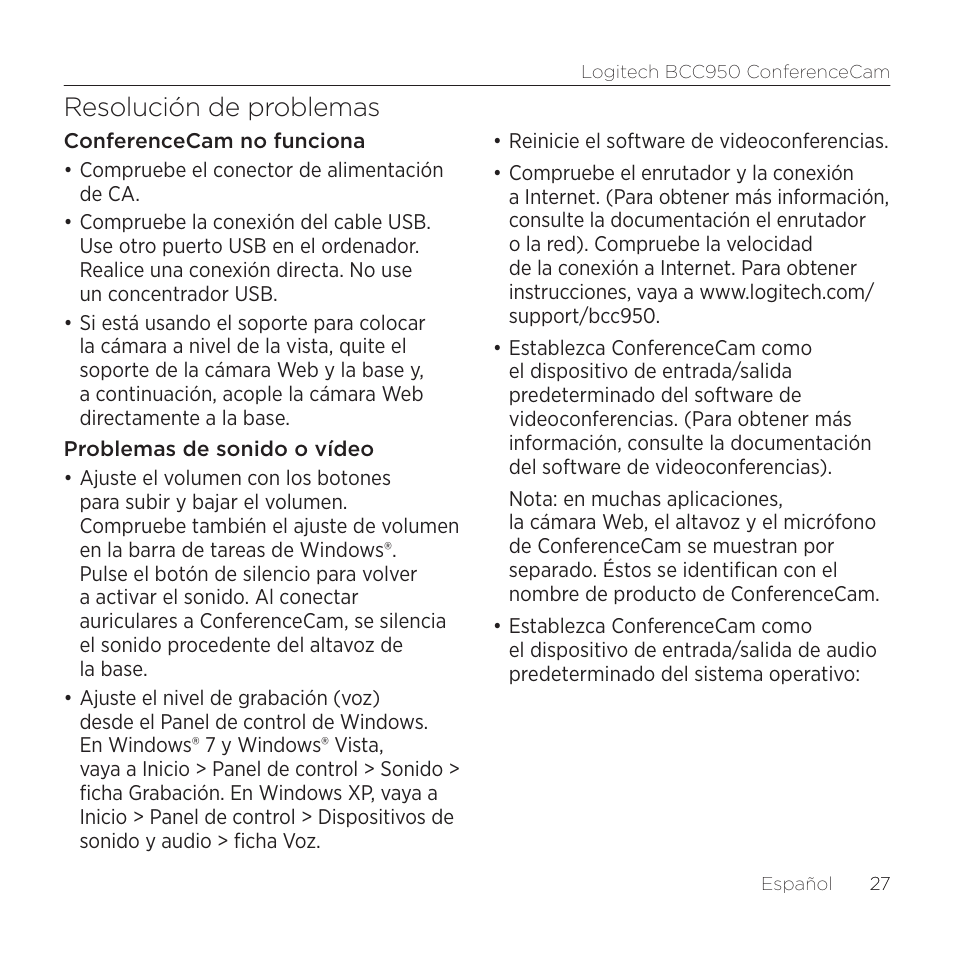Resolución de problemas | Logitech ConferenceCam BCC950 User Manual | Page  27 / 68
