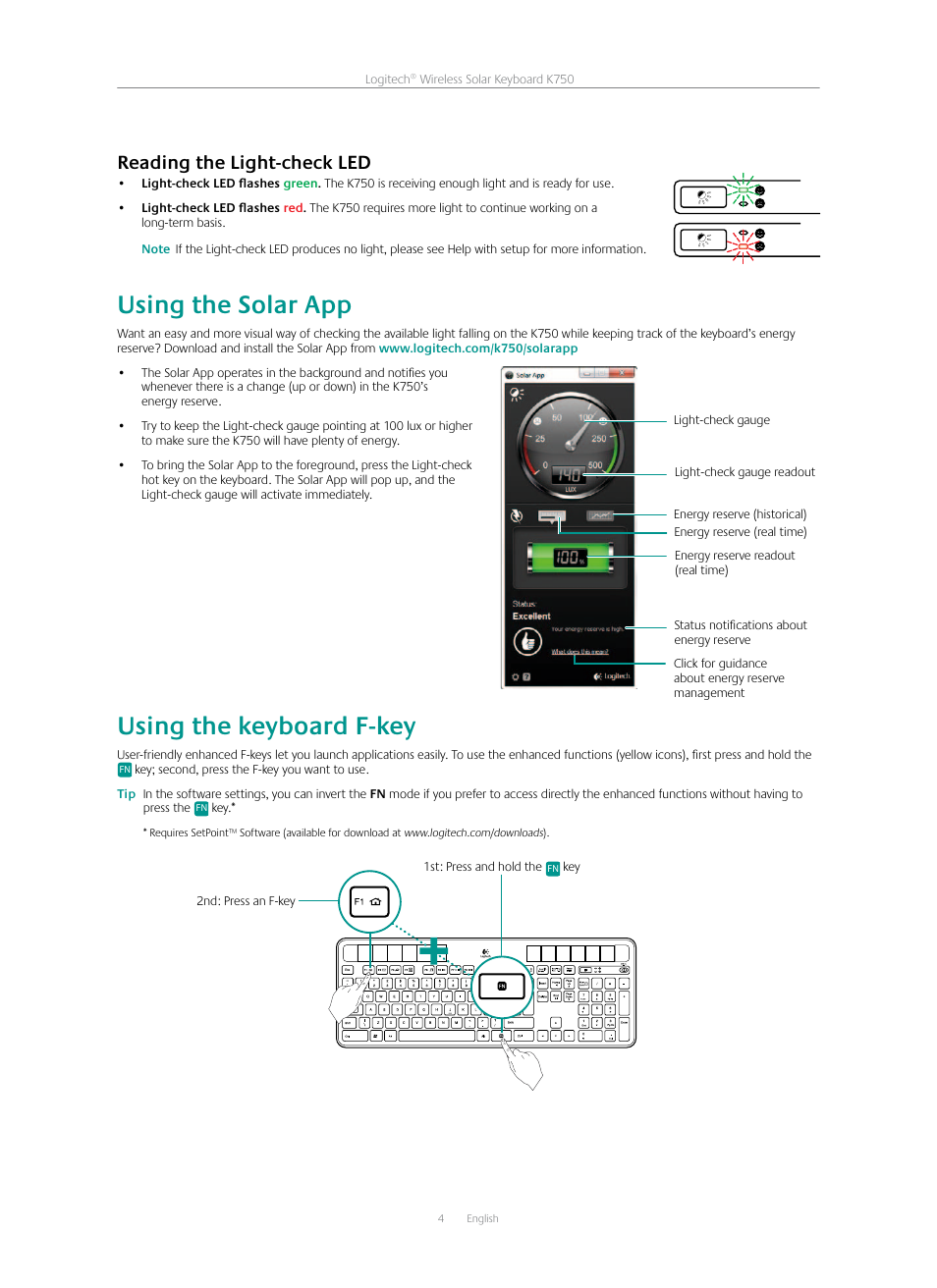Using the solar app, Using the keyboard f-key, Reading the light-check led  | Logitech K750 User Manual | Page 4 / 20