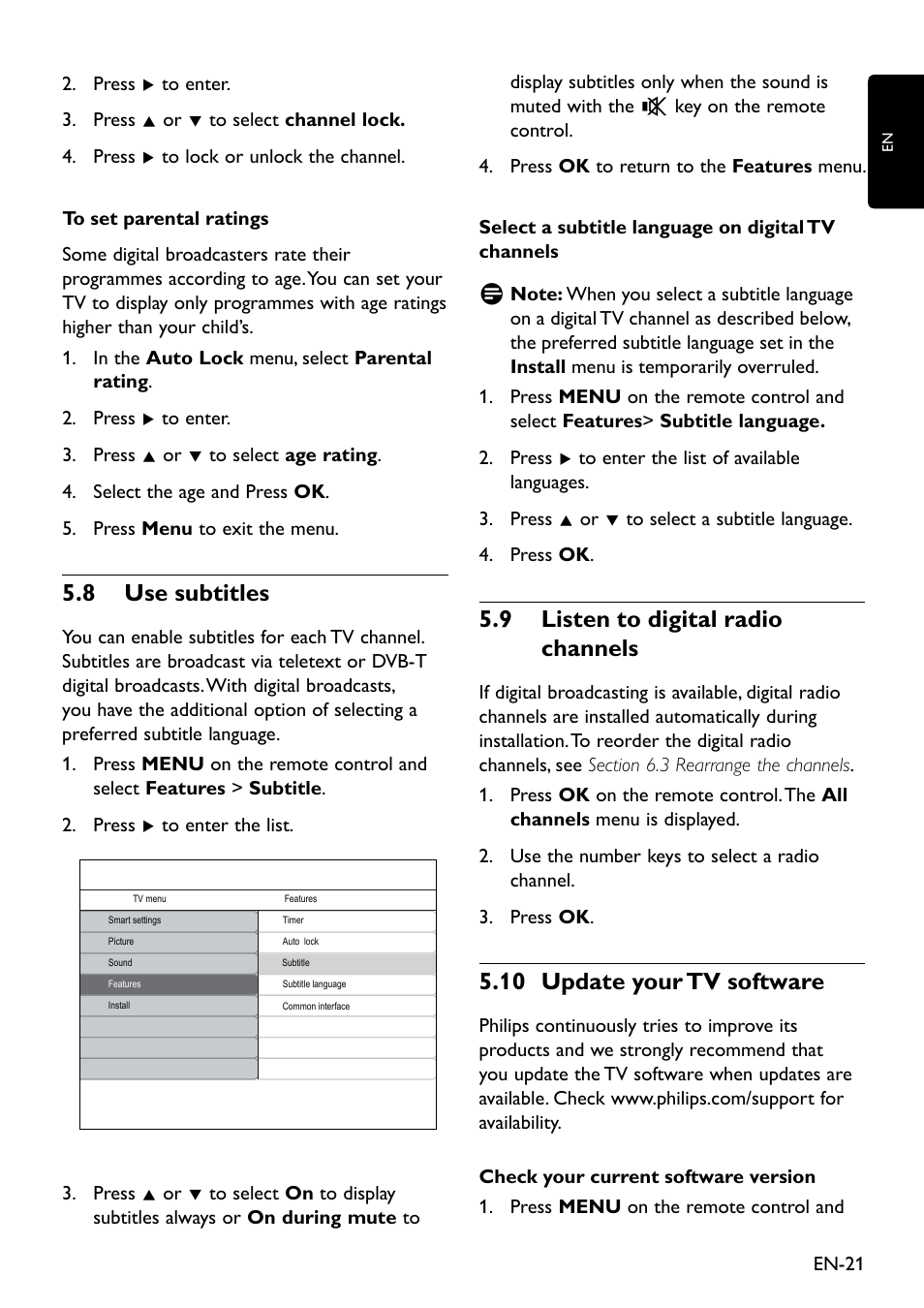 5�8 use subtitles, 5�9 listen to digital radio channels, 5�10 update your  tv software | Philips 20HFL3330D/10 User Manual | Page 33 / 48 | Original  mode
