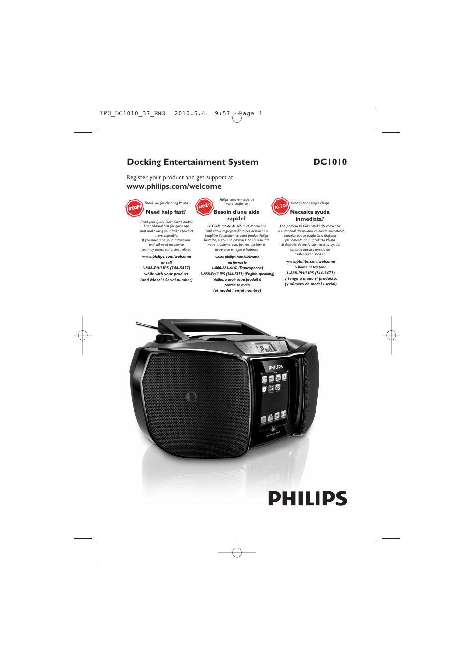 Philips DC1010 User Manual | 14 pages | Also for: DC1010-37B, Docking  Entertainment System DC1010 Plays CD and CD-R-RW AM-FM stereo tuner with  Dynamic Bass Boost