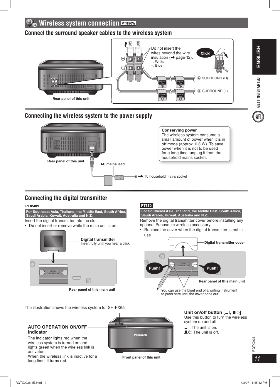 Wireless system connection, English, Auto operation on/off indicator | Panasonic  SC-PT850 User Manual | Page 11 / 48 | Original mode