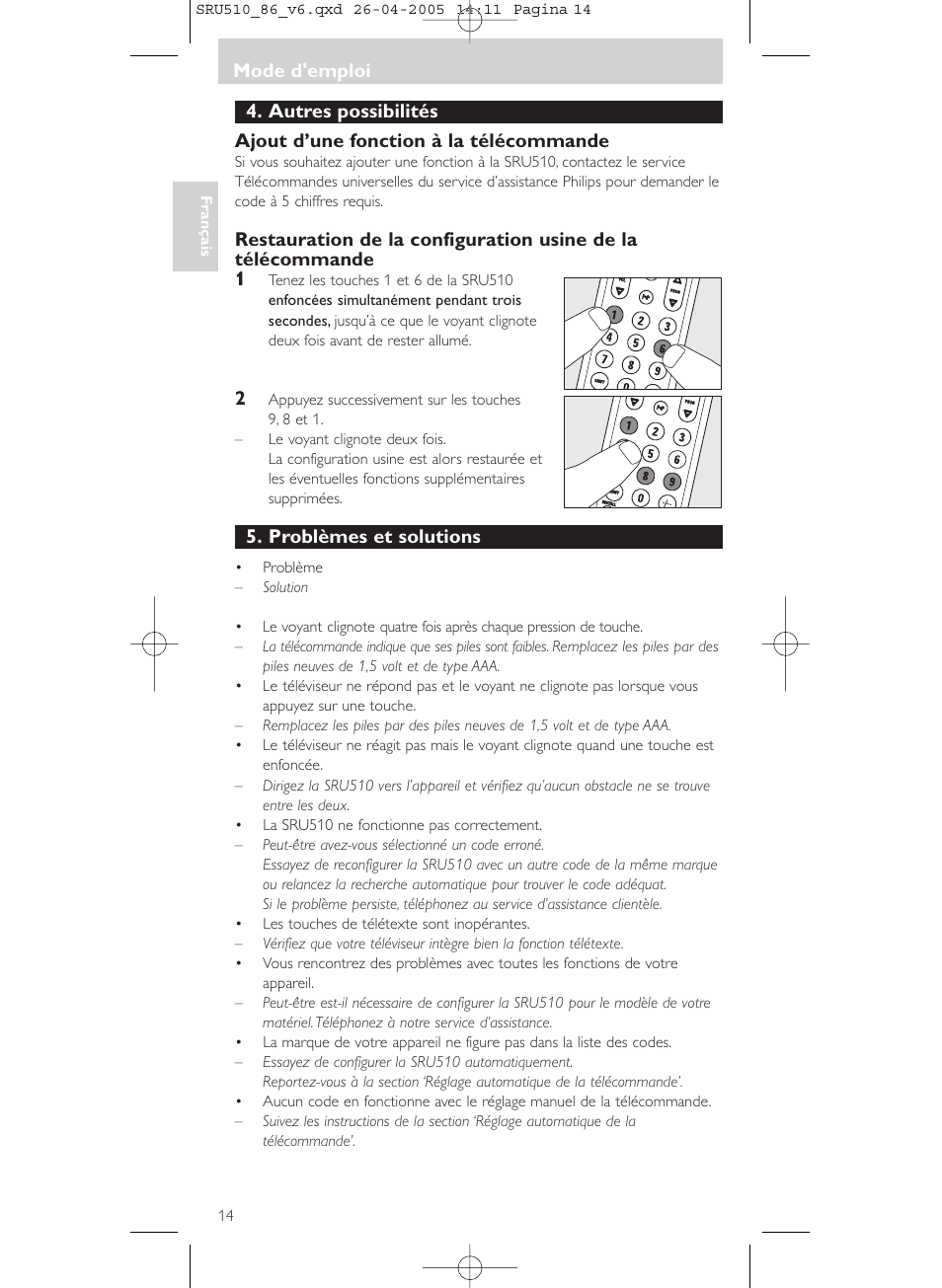 Mode d'emploi, Problèmes et solutions | Philips SRU 510/86 User Manual |  Page 14 / 60